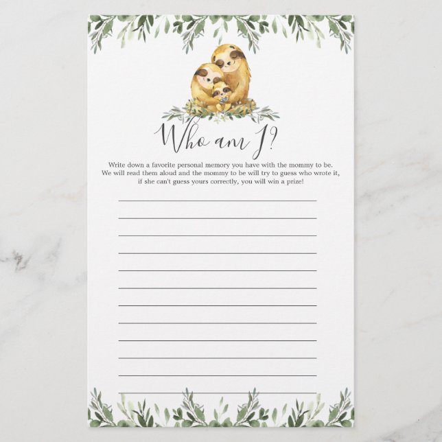 Sloth Baby shower Qui Suis-Je Jeu (Devant)