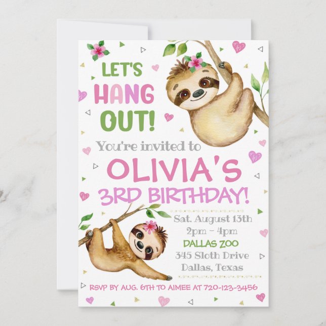 Sloth Birthday Invitation | Sloth Invitation (Devant)