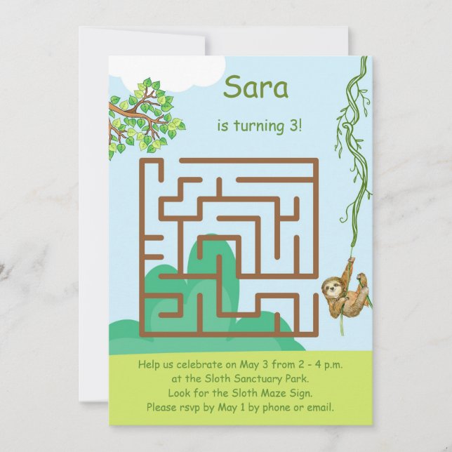 Sloth et feuilles, labze puzzle invitations d'anni (Devant)