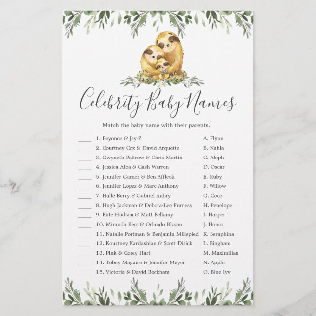 Sloth Family Baby shower Celebrity Baby Names Jeu (Devant)