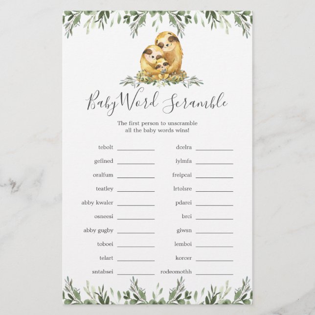 Sloth Family Baby shower Word Scramble Jeu (Devant)