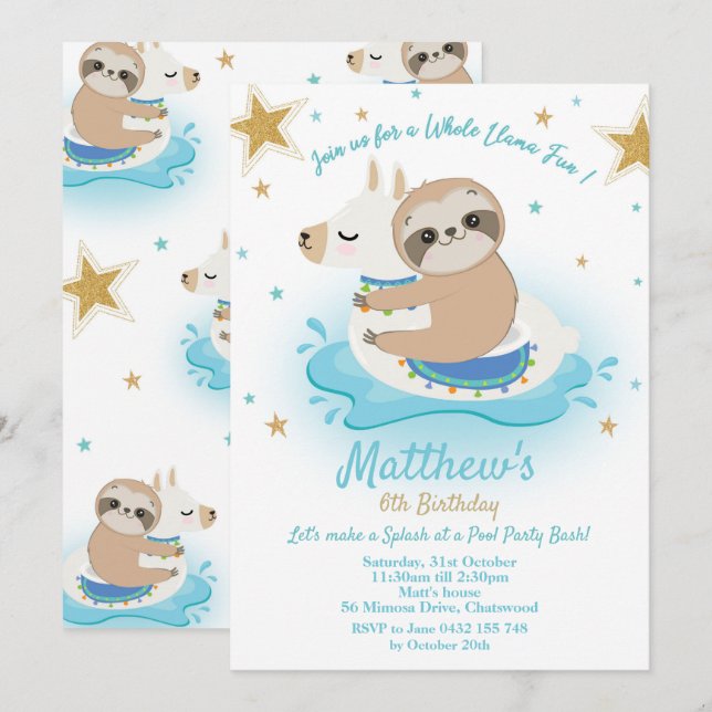 Sloth Llama Pool Party Birthday Invitation Boys (Devant / Derrière)