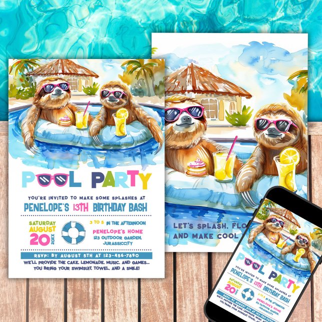 Sloth Pool Party Anniversaire Invitation (Créateur téléchargé)