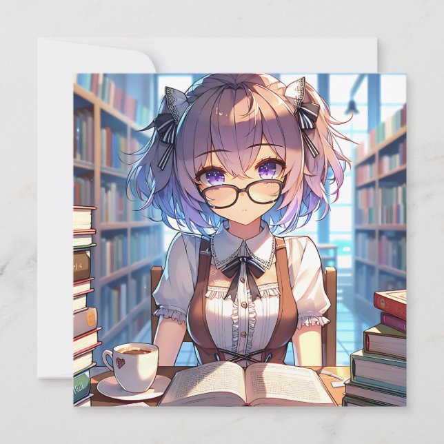Smart Anime Girl in Library Reading Books (Devant)