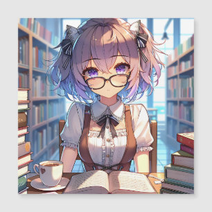 Smart Anime Girl in Library Reading Books