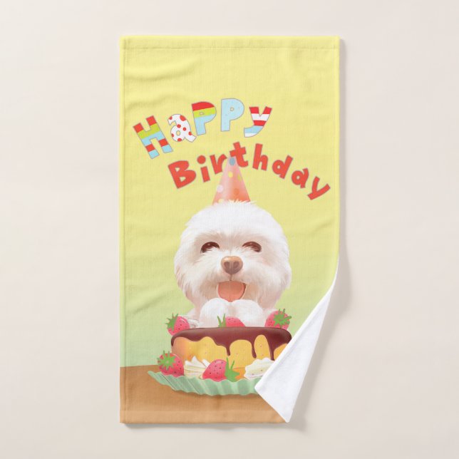 Smile Pup : Joyeux Anniversaire Bichon & Cake Art (Serviette à main)