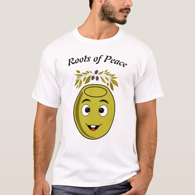 Smiling Olive T-Shirt with "Roots of Peace" text. (Devant)