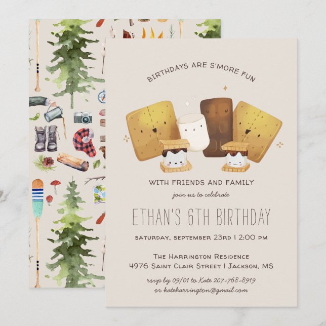 S'more de plaisir | Invitation d'anniversaire de f (Devant / Derrière)