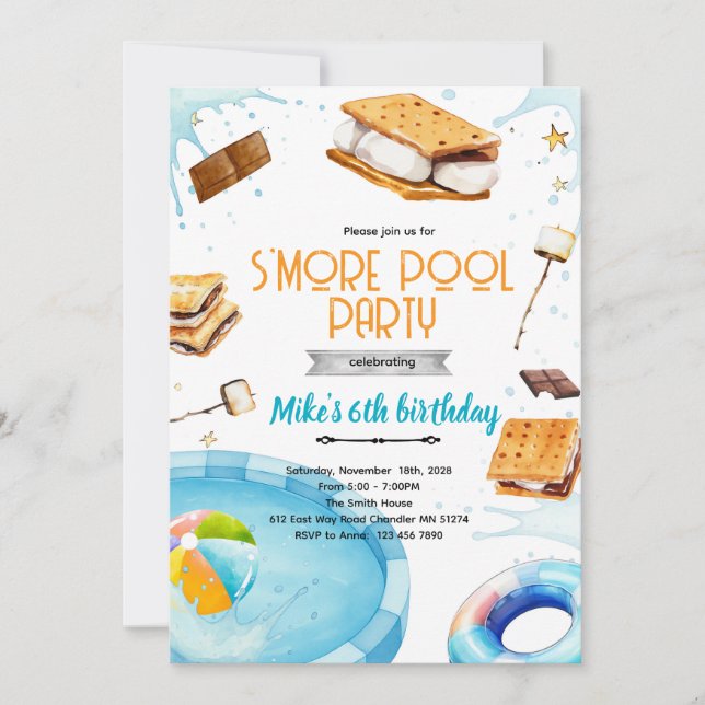 S'more pool birthday party invitation (Devant)