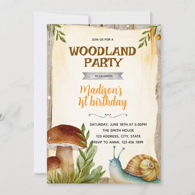 Snail and mushroom party invitation (Devant)