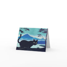 Sneaky chat noir par une carte de voeux du lac