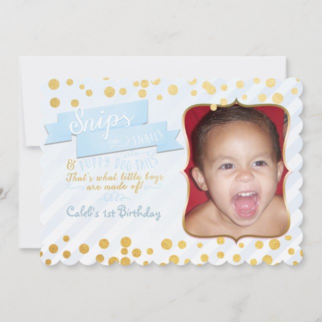 Snips & Snails Bleu & Gold Party Photo Invitations (Devant)