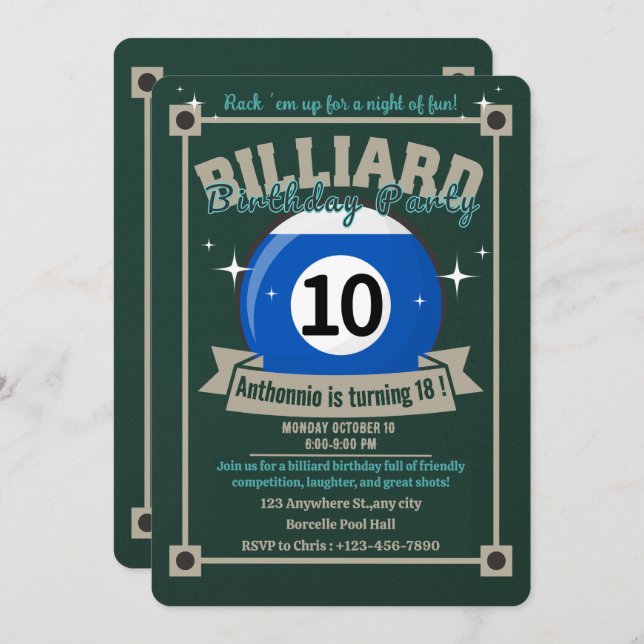 Snooker Invitation Pool Anniversaire Fête Billard  (Devant / Derrière)