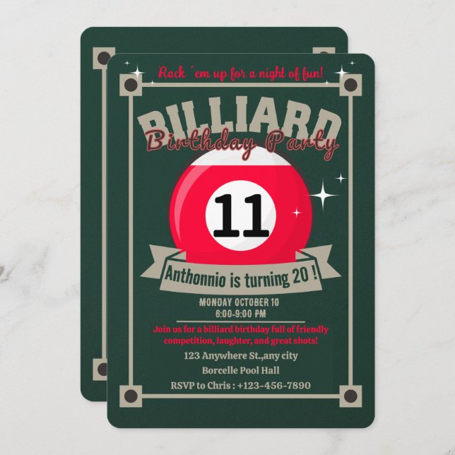 Snooker Invitation Pool Anniversaire Fête Billard  (Devant / Derrière)