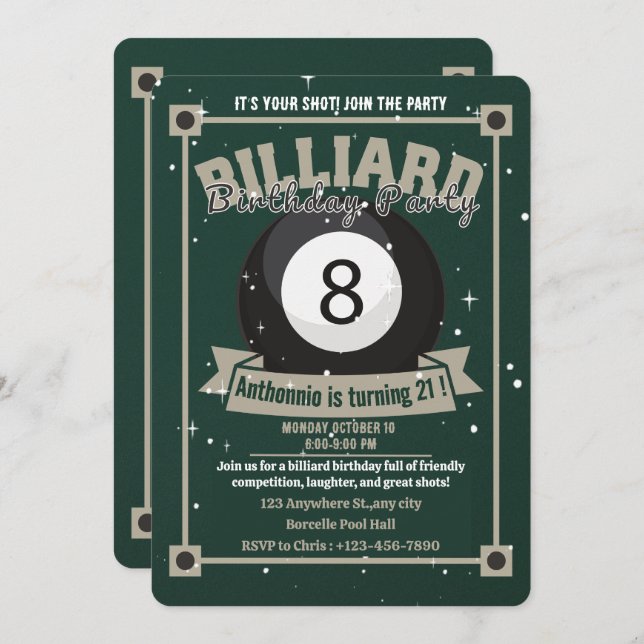 Snooker Invitation Pool Anniversaire Fête Billard  (Devant / Derrière)