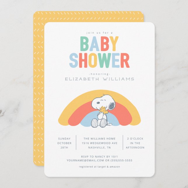 Snoopy & Woodstock Rainbow Baby shower Invitation (Devant / Derrière)