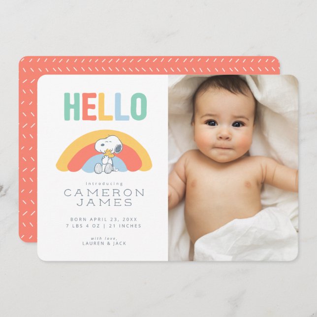 Snoopy & Woodstock Rainbow Faire-part de naissance (Devant / Derrière)