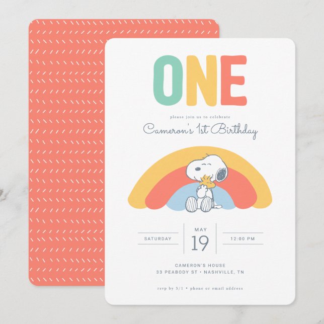 Snoopy & Woodstock Rainbow Invitation d'anniversai (Devant / Derrière)