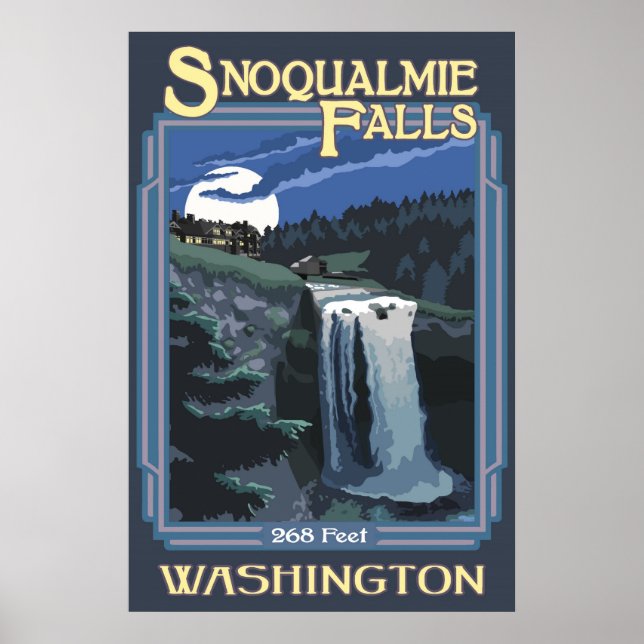 Snoqualmie Falls (Nuit) Washington Travel Poster (Devant)