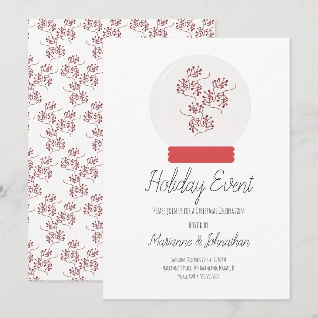Snow Globe Christmas Party Berry Sprigs Invitation (Devant / Derrière)