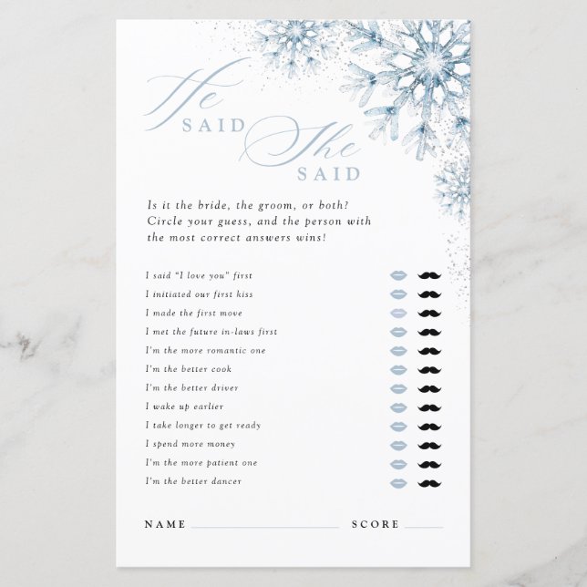 Snow in Love He Said She Said Bridal Shower Game (Devant)