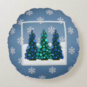 SnowBlue Christmas Tree Round Coussin