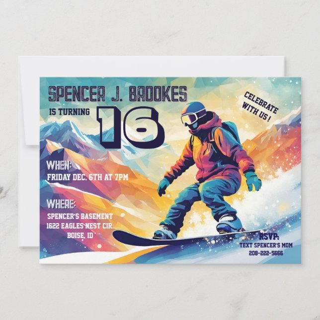 Snowboard 16e anniversaire Invitation (Devant)
