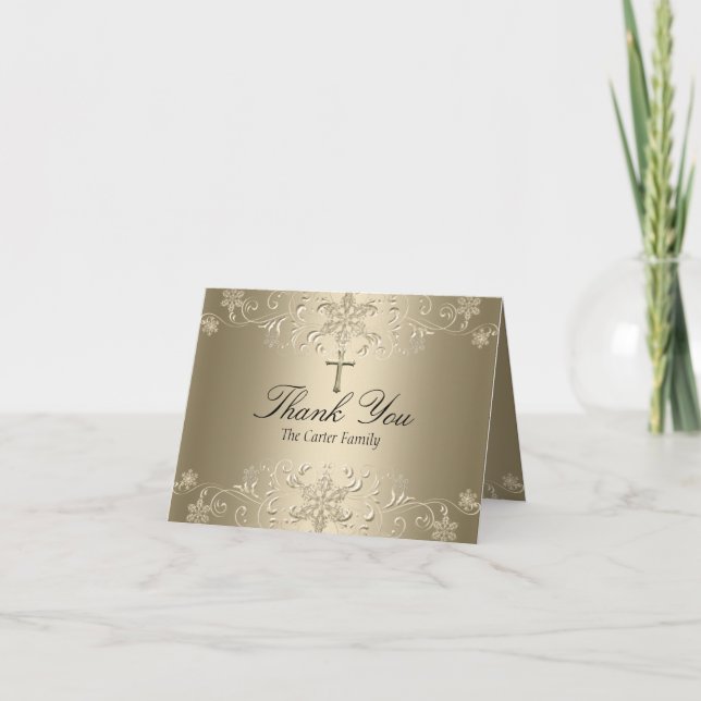 Snowflake & Cross Gold Baptism Carte de remercieme (Devant)