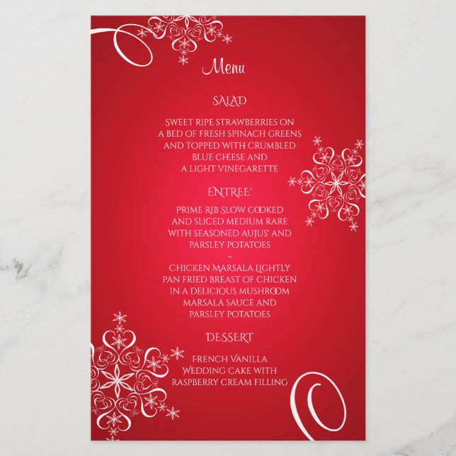 Snowflake Élégance Mariage Menu Rouge (Devant)