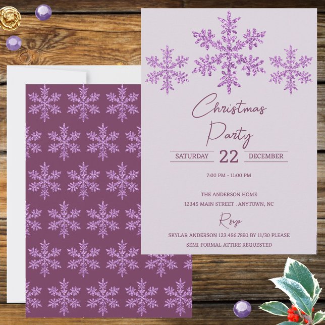 Snowflake Violet Glam Élégant Noël festif (Trendy purple snowflakes Christmas Party invitations personalized by you for your holiday gala)