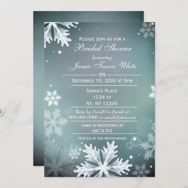 Snowflakes Aqua Winter Bridal invitation (Devant / Derrière)