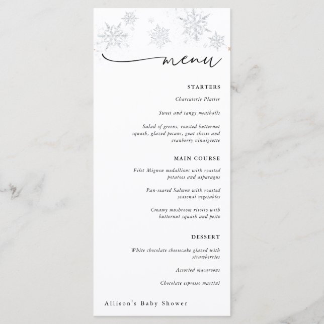 Snowflakes - Baby shower d'hiver Menu (Devant)