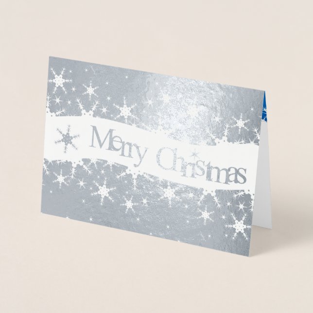 Snowflakes Blue Joyeux Noël - Carte Argent Foil (Devant)