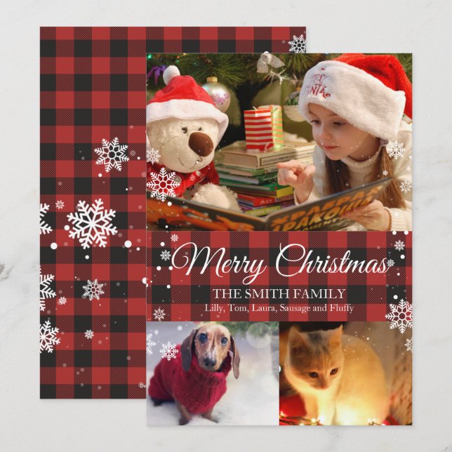 Snowflakes & Buffalo Plaid 3 photo Carte de Noël (Devant / Derrière)