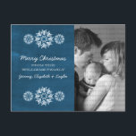 Snowflakes Chalkboard Photo Carte postale, bleu<br><div class="desc">Carte Postale moderne et tendance Snowflakes Chalkboard Photo avec un look de tableau bleu royal arrière - plan et élégants flocons de neige en blanc. Cette carte postale chic est parfaite pour envoyer des salutations de vacances. Customisez avec votre propre photo de famille et l'accueil personnalisé de votre choix. Cliquez...</div>