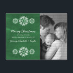 Snowflakes Chalkboard Photo Carte Postale, Vert<br><div class="desc">Carte postale de Chalkboard de Snowflakes moderne et tendance avec un look arrière - plan de tableau vert et d'élégants flocons de neige en blanc. Cette carte postale chic est parfaite pour envoyer des salutations de vacances. Customisez avec votre propre photo de famille et l'accueil personnalisé de votre choix. Cliquez...</div>