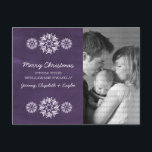 Snowflakes Chalkboard Photo Carte Postale, Violet<br><div class="desc">Carte Postale photo Chalkboard moderne et branchée de Snowflakes avec un look de tableau violet arrière - plan et d'élégants flocons de neige en blanc. Cette carte postale chic est parfaite pour envoyer des salutations de vacances. Customisez avec votre propre photo de famille et l'accueil personnalisé de votre choix. Cliquez...</div>