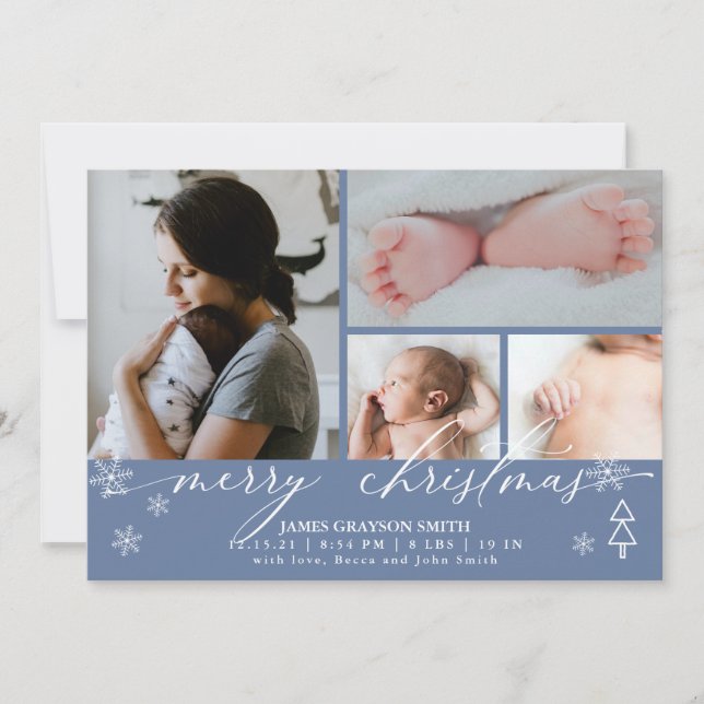 Snowflakes Christmas Photo Baby Faire-part Bleu (Devant)