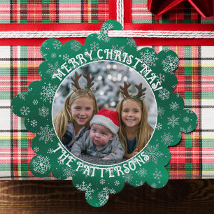 Snowflakes Family Photo Papier vert Carte d'orneme
