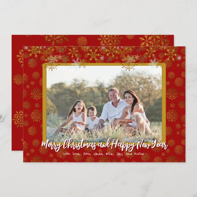 Snowflakes Gold Flat Christmas Famille Cartes phot (Devant / Derrière)