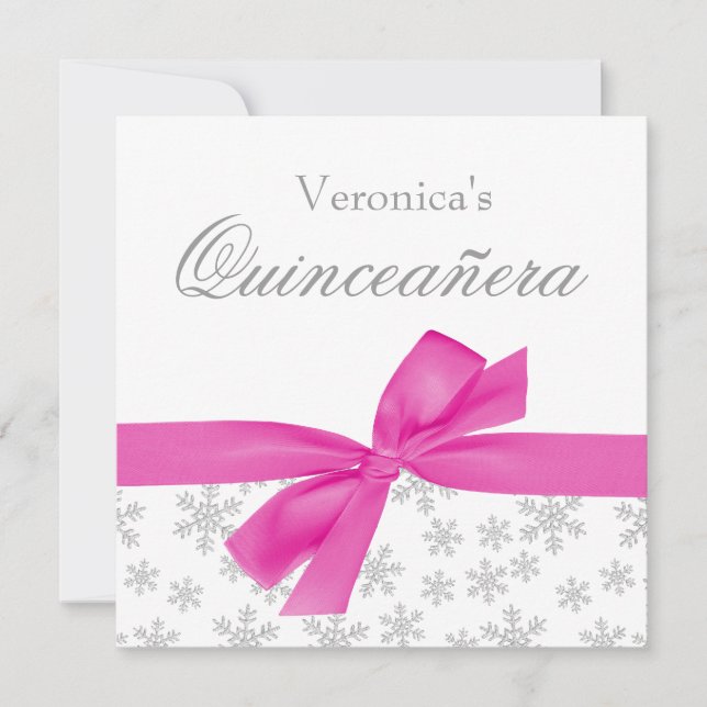 Snowflakes Pink Bow Quinceanera Invitations (Devant)