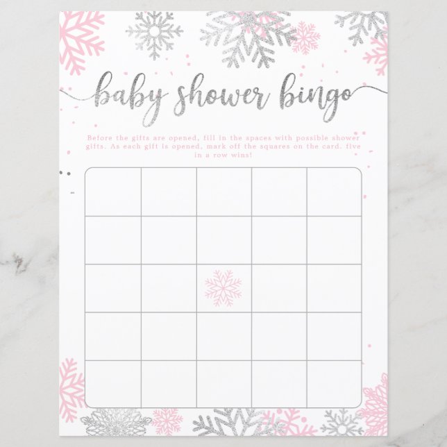 Snowflakes Pink Silver Baby shower Jeu de Bingo (Devant)