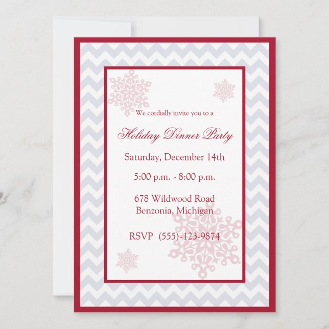 Snowflakes Red Chevron Holiday Invitations (Devant)