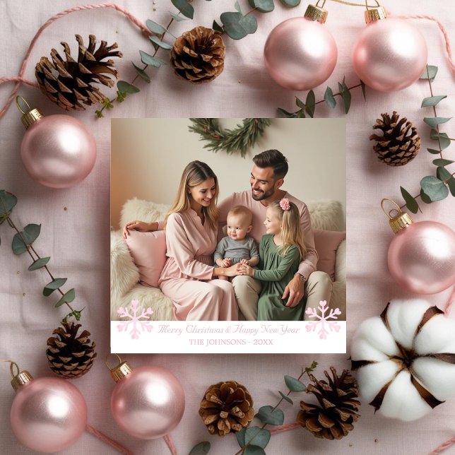 Snowflakes rose simple une photo Carte de vacances (Simple Pink Snowflakes one photo Holiday Card)