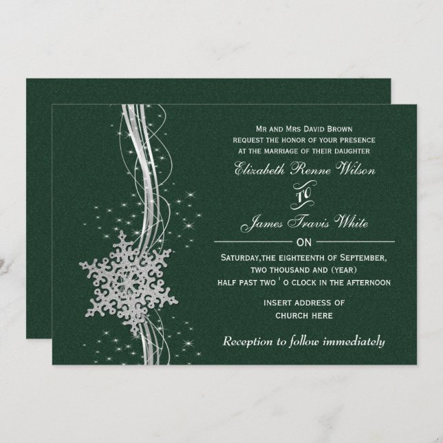 Snowflakes Silver vert invitations de mariage hive (Devant / Derrière)