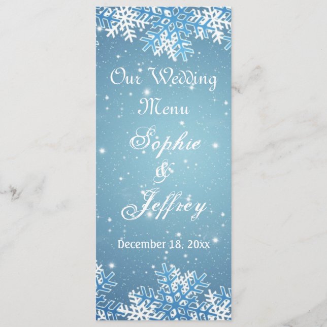Snowflakes sur le bleu Noël Menu Mariage (Devant)