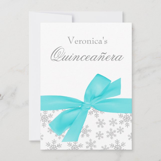 Snowflakes Turquoise Bow Quinceanera Invitations (Devant)