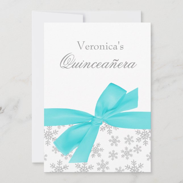 Snowflakes Turquoise Bow Quinceanera Invitations (Devant)