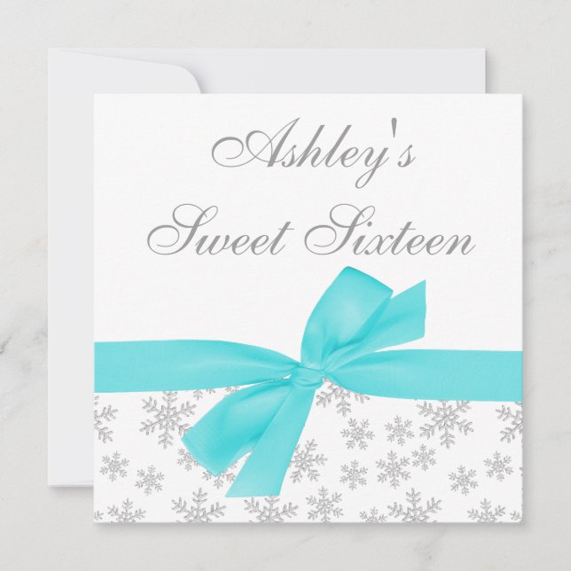Snowflakes Turquoise Bow Sweet 16 Invitations (Devant)