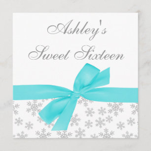 Snowflakes Turquoise Bow Sweet 16 Invitations